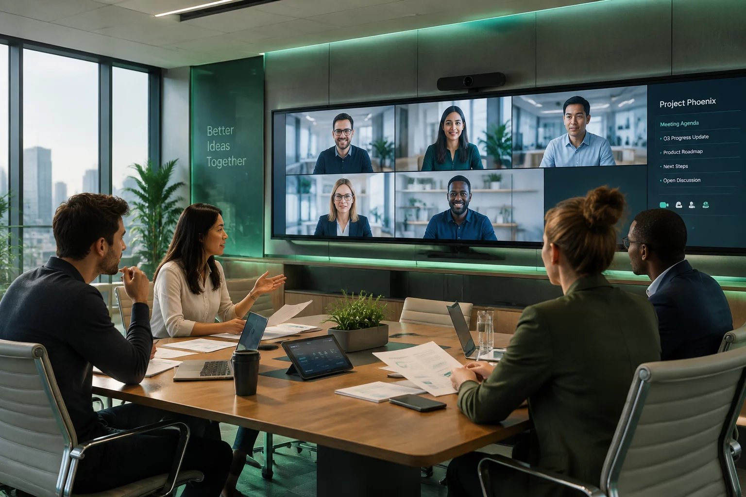 Hybrid team collaborating across digital and in-room displays